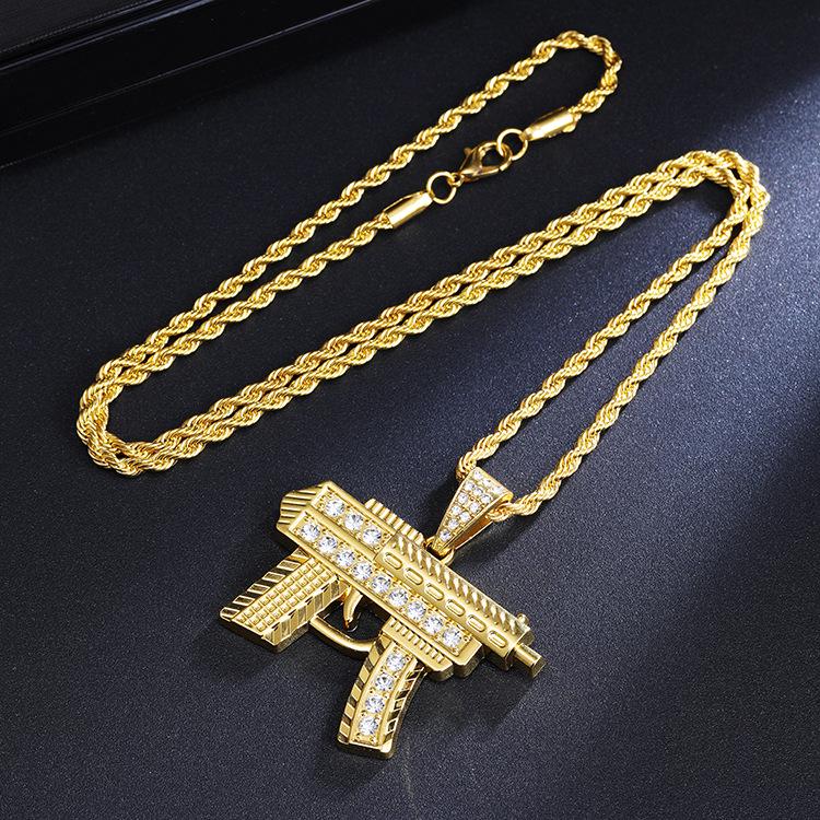 2026 Diamond-Inlaid Submachine Gun Pendant Necklace with European & American Style, Stainless Steel Twist Sweater Chain