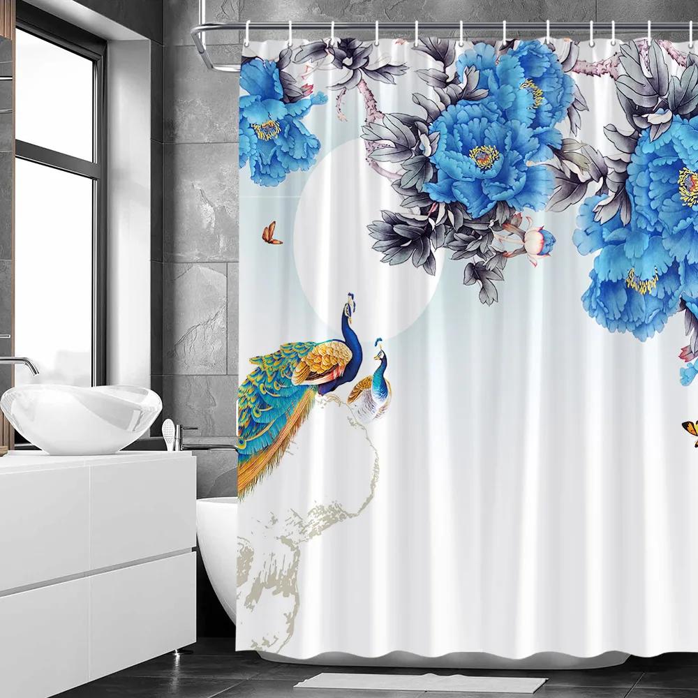 Sexy Woman White Shower Curtains Highland Cow Palm Leaf Ink Flower Bird Polyester Fabric Washable Bathroom Decor Bath Curtain