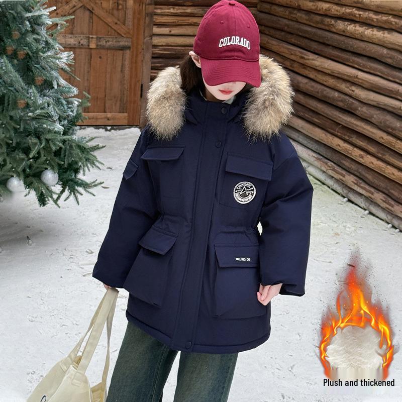 

Модная зимняя хлопковая парка для девочек с меховым воротником 2025 130 cm темно-синий