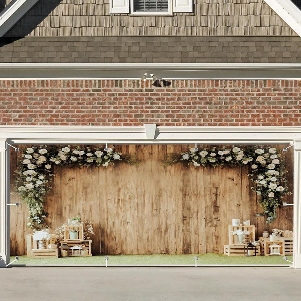 CSFOTO 7x16ft Floral Wood Wall Garage Door Decoration Banner Vintage Brown Country Theme Garage Decoration Mural Outdoor Indoor Bridal Shower