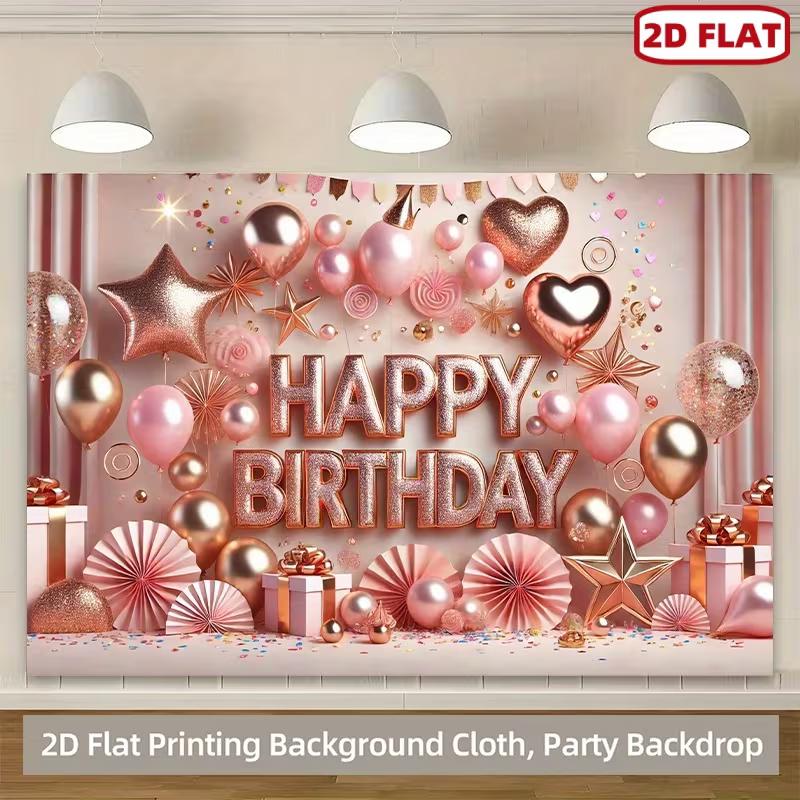 2D FLAT Banner Rose Gold Balloon Happy Birthday Party Backdrop with Confetti
