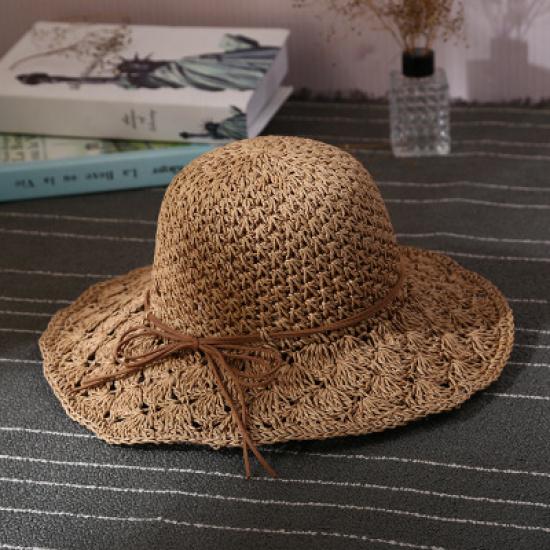 Women's Summer Handmade Crochet Straw Hat with Floral Pattern, Wide Brim Sun Hat, Hollowed-out, Foldable, Sun Protection Beach Fisherman Hat