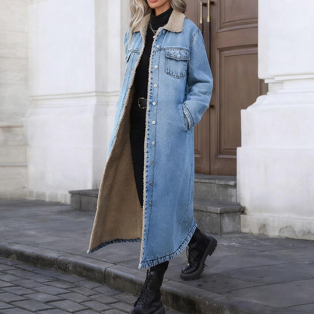 Damen Modischer Lässiger Lockerer Langer Baumwollmantel mit Fleecefutter Jeansjacke