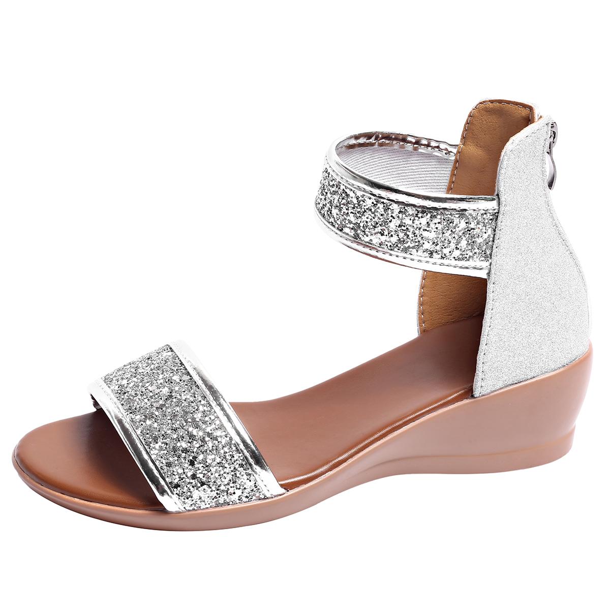 

Fashion Women s Bag Heel Sandals Summer New Round Head Open Toe Glitter Back Zipper Soft Sole Anti-slip Wear-resistant Slope Heel Shoes 36 срібний