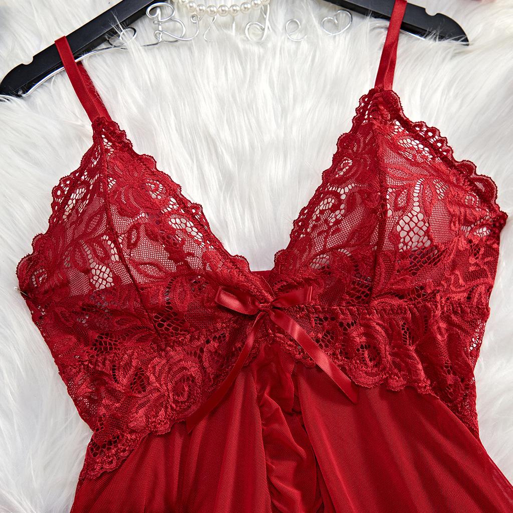 Rote sexy Dessous Damenunterwäsche durchsichtige Nachtwäsche Spitze Nachthemd und Höschen Pyjama-Sets weibliche sexy Nachthemd
