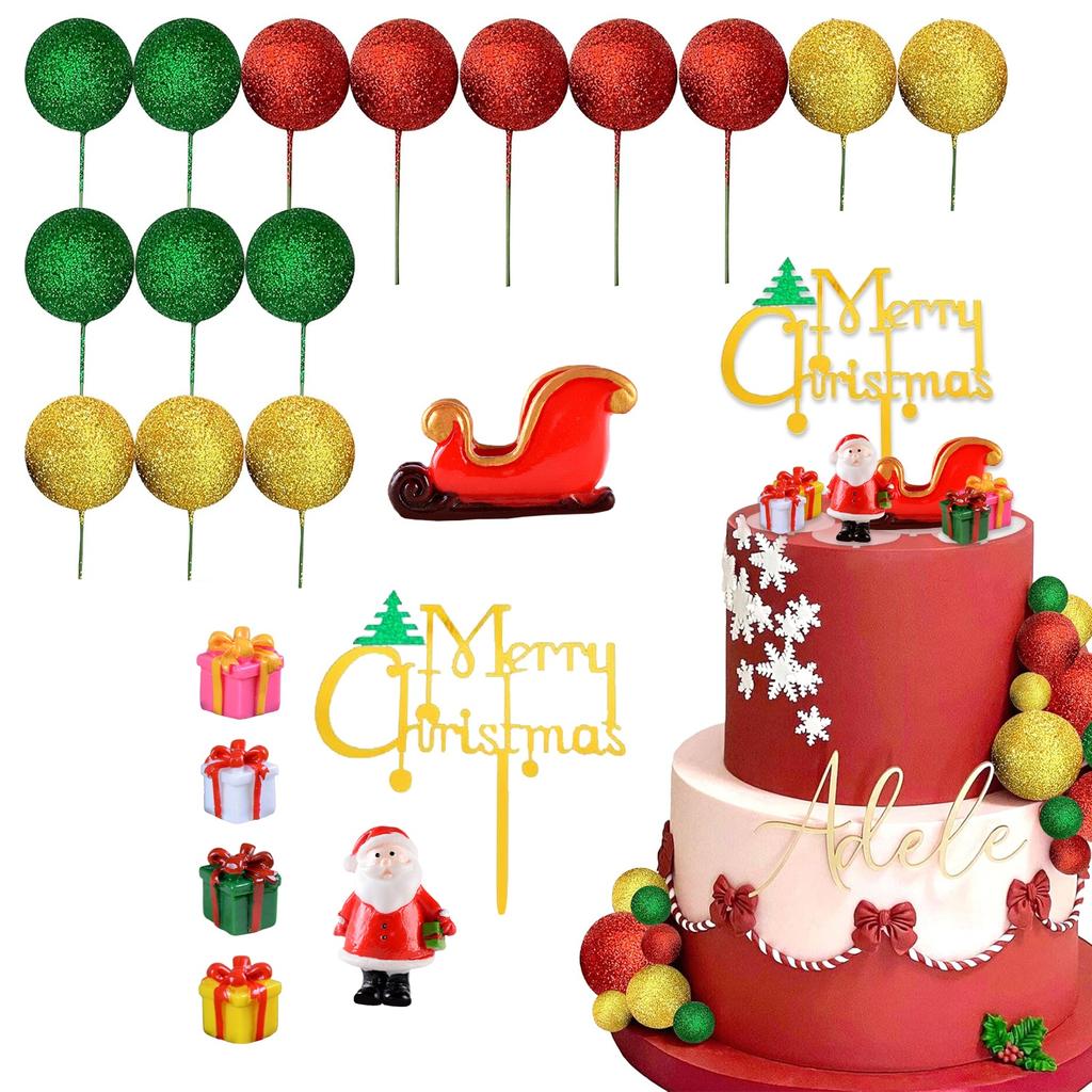 Glitter Christmas Cake Decor Santa Claus Cake Topper Red Green Cake Decor for Christmas Baby Shower Birthday Party Supplies