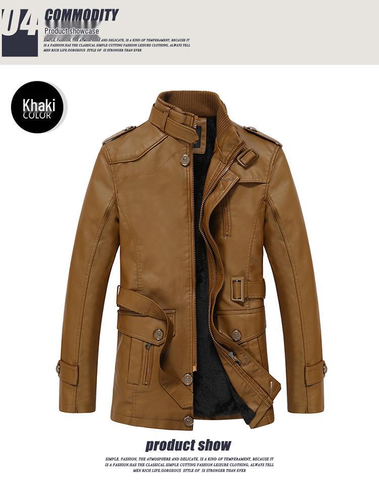 Men's Winter Fleece-Lined Leather Jacket, Mid-Length, Thickened, Casual, Middle-Aged, Warm Cotton Coat