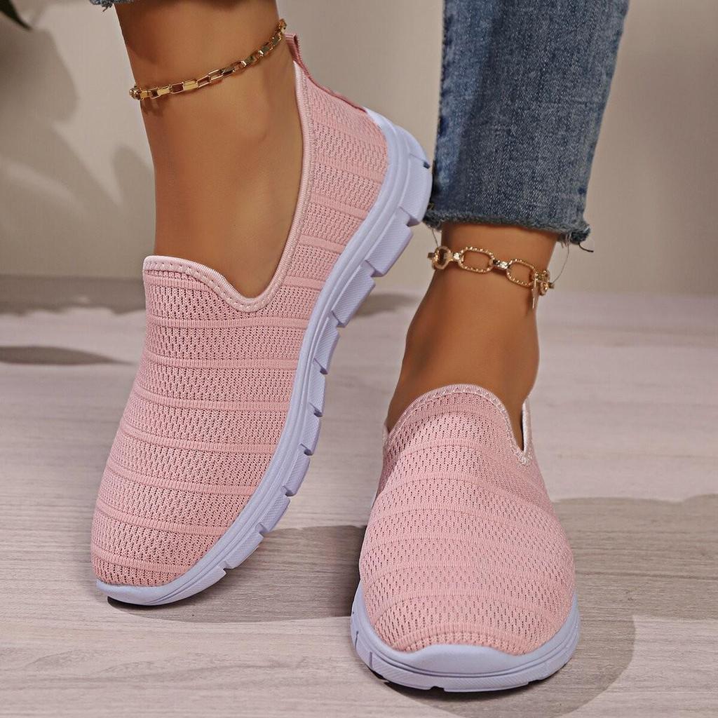 2024 Summer European & American Solid Color Casual Slip-On Flats, Breathable Lightweight Flyknit Plus Size Shoes.