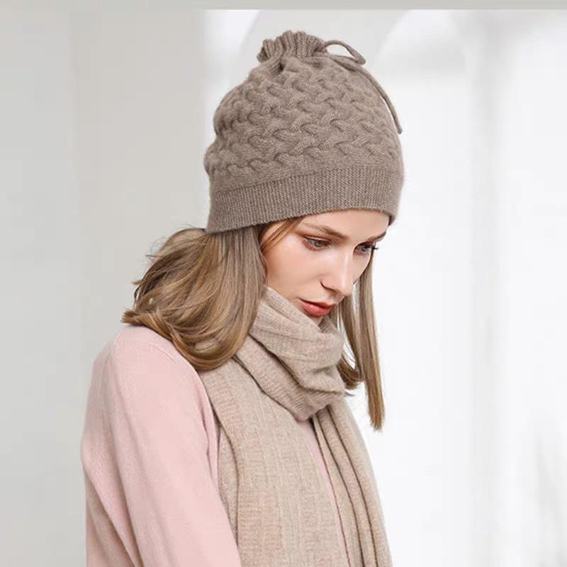 % Pure wool knitted hat autumn and winter warm wool hat empty top drawstring hat bag head cold hat neck cover hat dual purpose