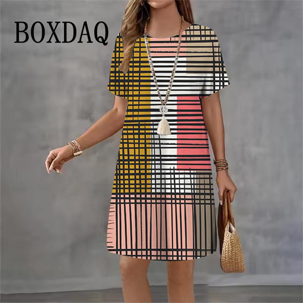 Tie Dye Geometric Gradient Dresses For Women New Summer Fashion 3D Print Short Sleeve Loose Dress