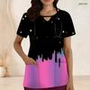 Women Plus Size Keyhole Neck Short Sleeve Printed Scrub Top With Front Pockets Black Gradient
