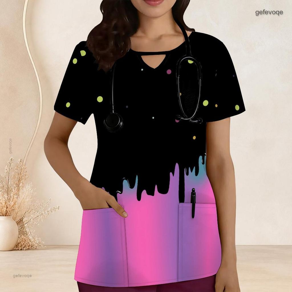 Women Plus Size Keyhole Neck Short Sleeve Printed Scrub Top With Front Pockets Black Gradient