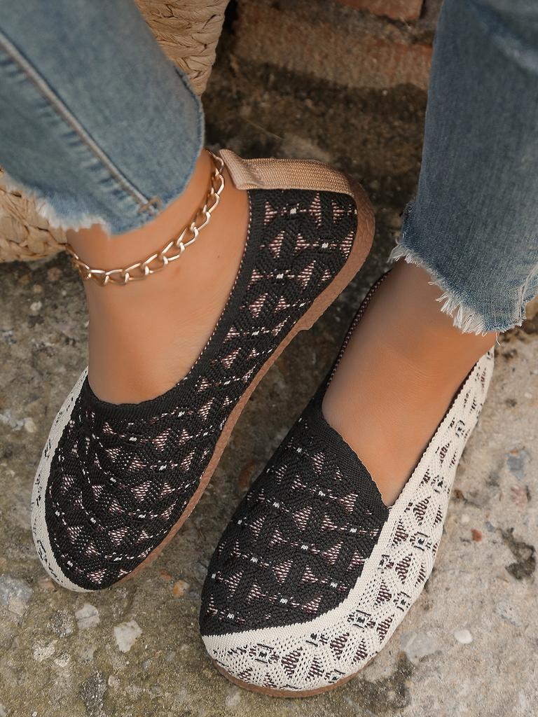 2025 Spring and Summer New Knitted Single Shoes Shoes One Pedal Large Size Hollow Breathable Casual Single Shoes Shoes Shallow Mouth