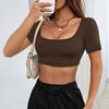 Summer Sports Casual Women's Cut-off Style Knitted High Elastic Short-sleeved T-shirt Tops