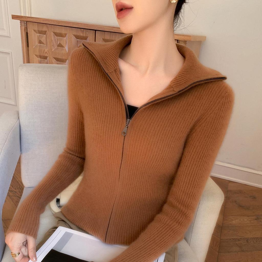25 Premium Women's Baby Cashmere Cardigan, Double-Zipper Lapel Ribbed Sweater, Loose Wool Coat for Autumn/Winter.