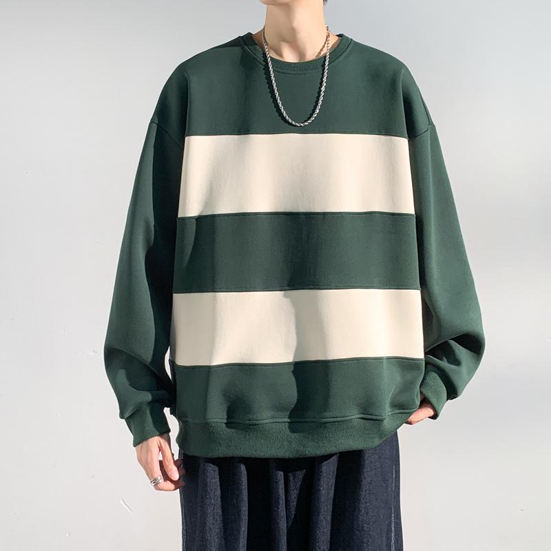 Men's Spring and Autumn New Outdoor Trendy Brand Striped Couple Hong Kong Style Long Sleeve Round Neck T-shirt Pure Cotton Hoodie