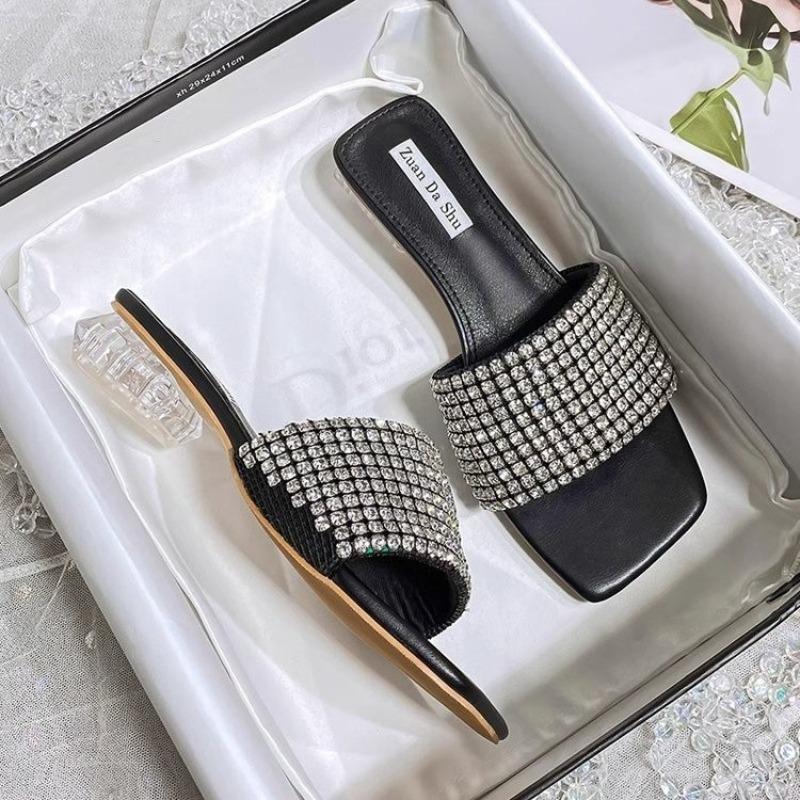 Full Diamonds Slippers Woman Transparent Heels Sandals Plus Size 35-40 Ladies Casual Flipflops Femme Comfy Slides Crystal Shoes