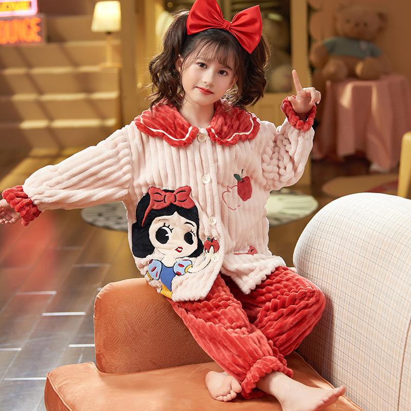 Kids Flannel Pajamas Set Boys Girls Warm Long Sleeve Top And Pants Sleepwear Winter Home Nightwear