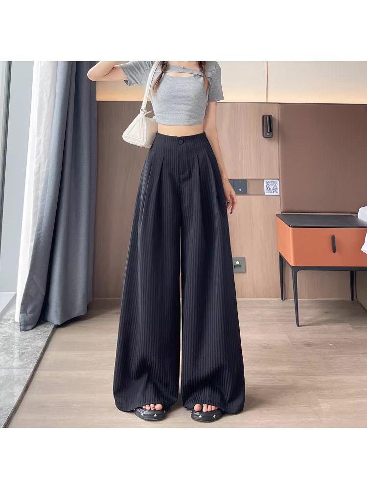 Women's Summer Ice Silk Striped Wide-Leg High-Waisted Pants - Thin, Slimming, Loose, Floor-Length, Casual Straight-Leg.