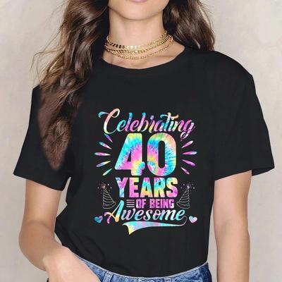 Floral 40 Anos Presentes de 40º Aniversário Mulheres Camiseta Estampa de Flores Camisetas Gráficas Roupas Estéticas Roupa para Esposa Dia das Mães