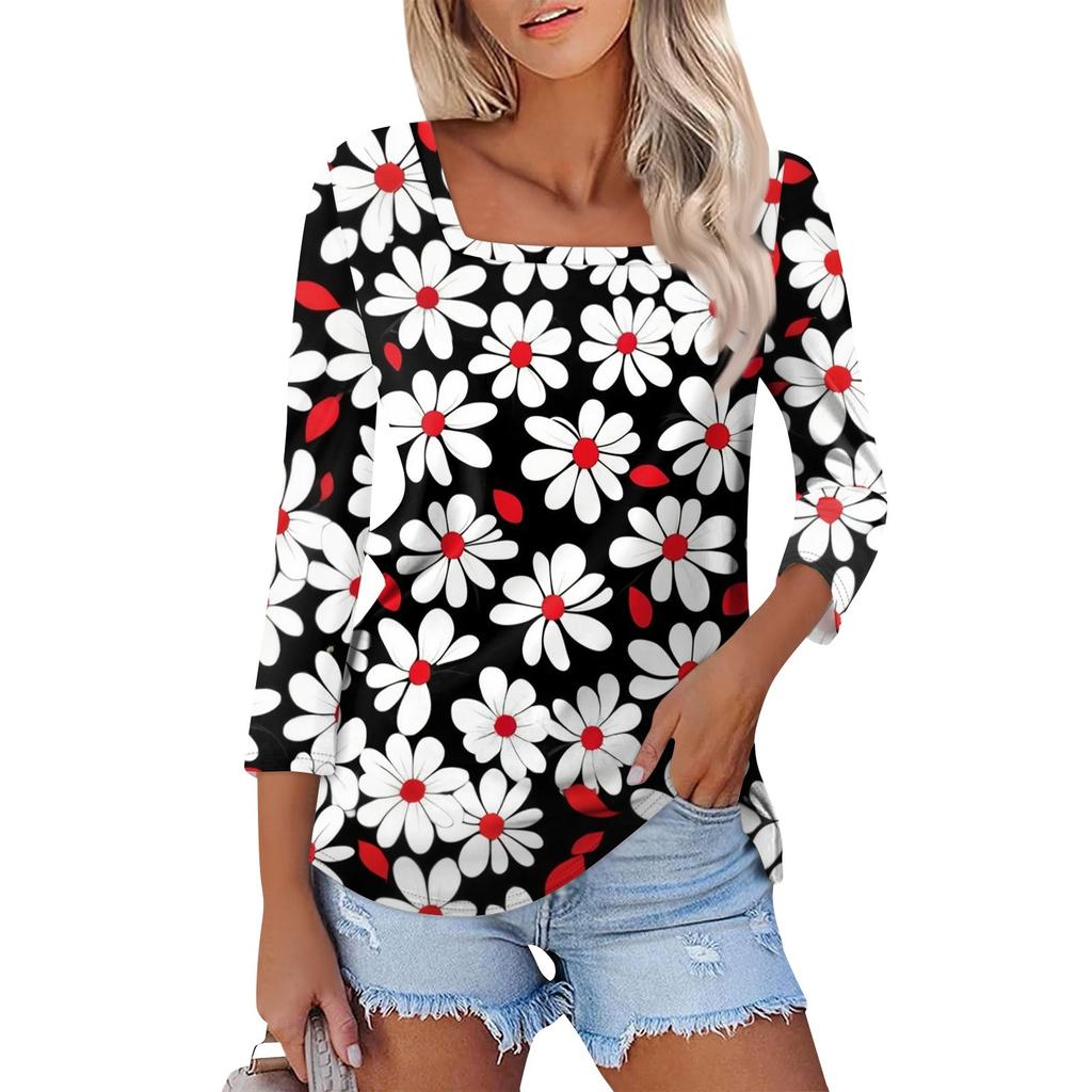 Košile pro dámskou módu Neformální dámské tričko s čtvercovým výstřihem, 3/4 rukávem, volným potištěným tričkem