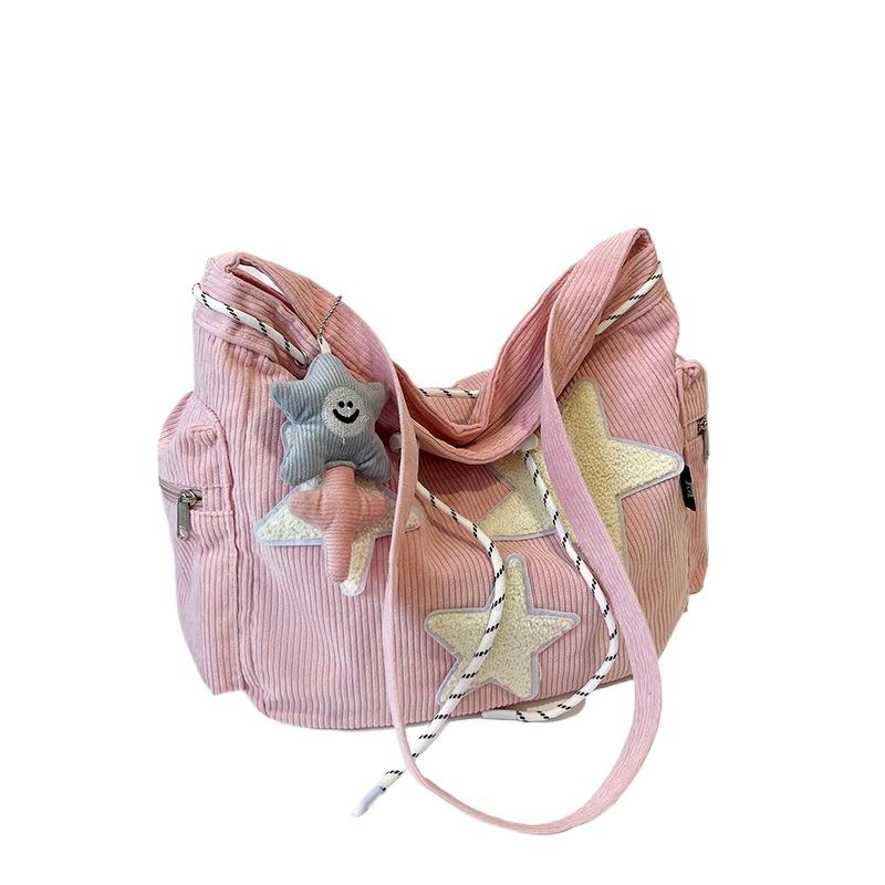 Damen Große Kapazität Cord-Tragetasche, Elegantes Sternenmuster Niedliche Studenten Single Shoulder Crossbody Handtasche gray