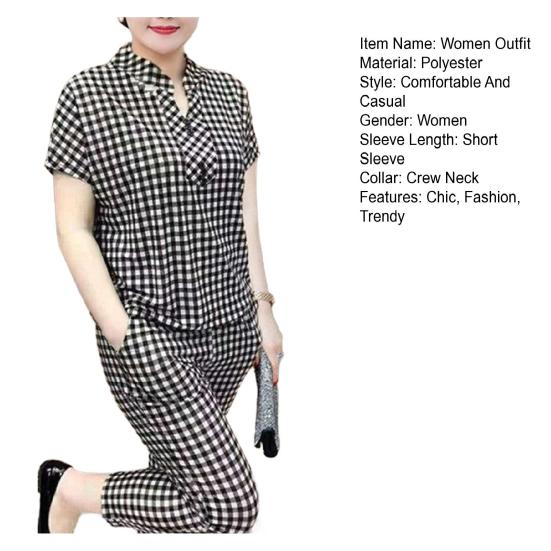 Women's Plaid 2 Piece Outfits Sleeve Top And Button Short Cropped Skinny Pants Matching Set Summer