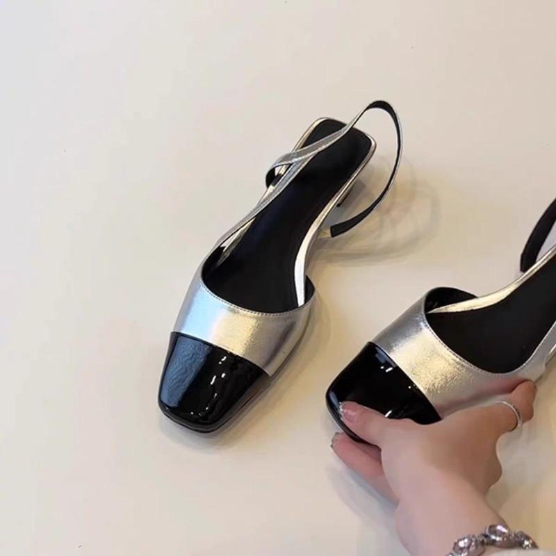 Luxury Designer French Black Low Heel Commuter Sandals Women's Fashion Casual Square Head Back Empty Leather Splicing Toe Shoes