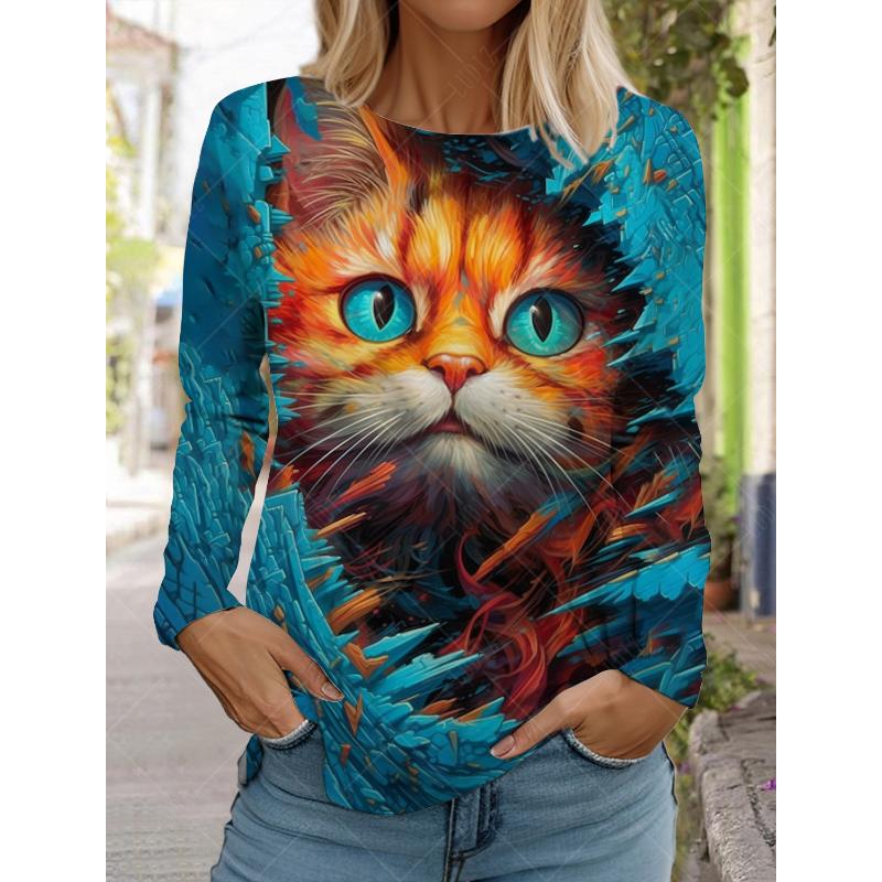 2024 Fashion Design Women's T shirts 3D Print Kawaii Cat Graphics Long Sleeve Crew Neck Regular Fit Spring/Fall Funny Sportwears