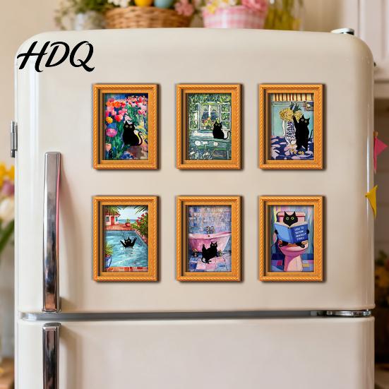 Kitchen Refrigerator Decor Oil Painting Cat Magnet Wooden Frame Black Accessories Theme Retro Rectangle Magnetic Decoration Photo Magnet