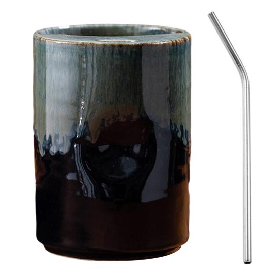 Vintage Keramik-Kaffeebecher mit Strohhalm, Retro Handbemalte Gestreifte Zylinderbecher, Grobkeramik für Heiße Kalte Getränke