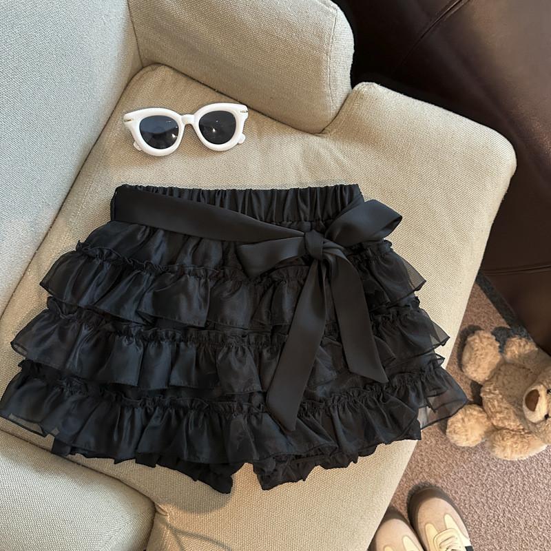Bow Tie Tulle Tiered Mini Skirt High Waist A-Line Fluffy Cake Skirt QT2881