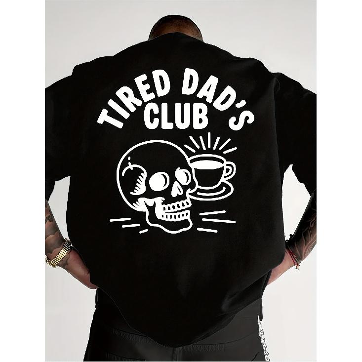 Men s Fun Graphic Heat Transfer T-Shirt - Tired Dad Club Back Print Coffee Mug Skull Design Father s Day Gift Casual Top Bold Print Breathable Fabric S чёрный