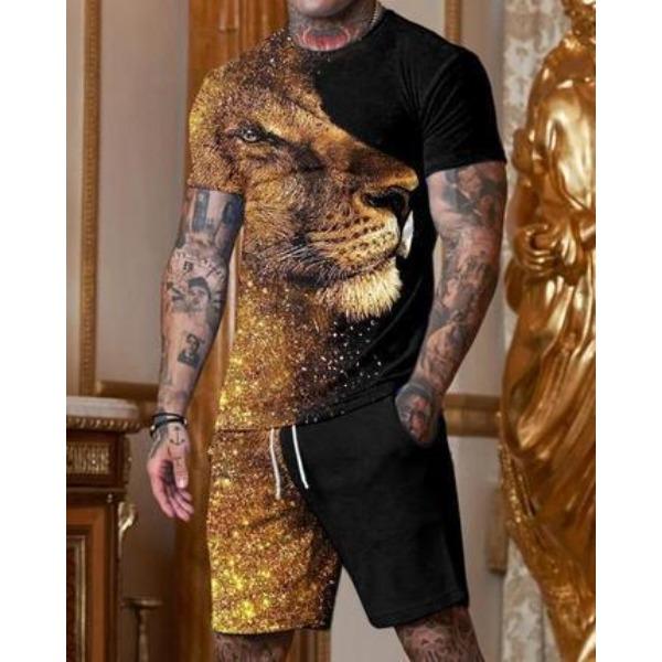 Summer Round Neck 3D Lion Printed Set Fashionable and Casual Short Sleeved Shorts Men's Clothing Sets Sport Wear