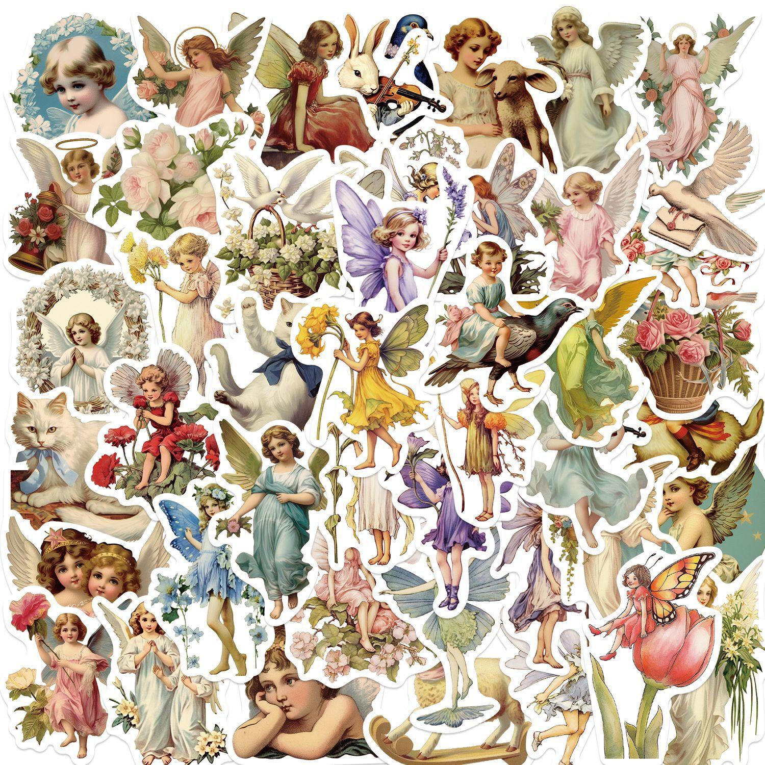 50 Stück Vintage Engel und Fee Aufkleber, Vinyl Scrapbooking Aufkleber Packungen, Kawaii Niedliche Engel Ästhetik Aufkleber für Handy beige