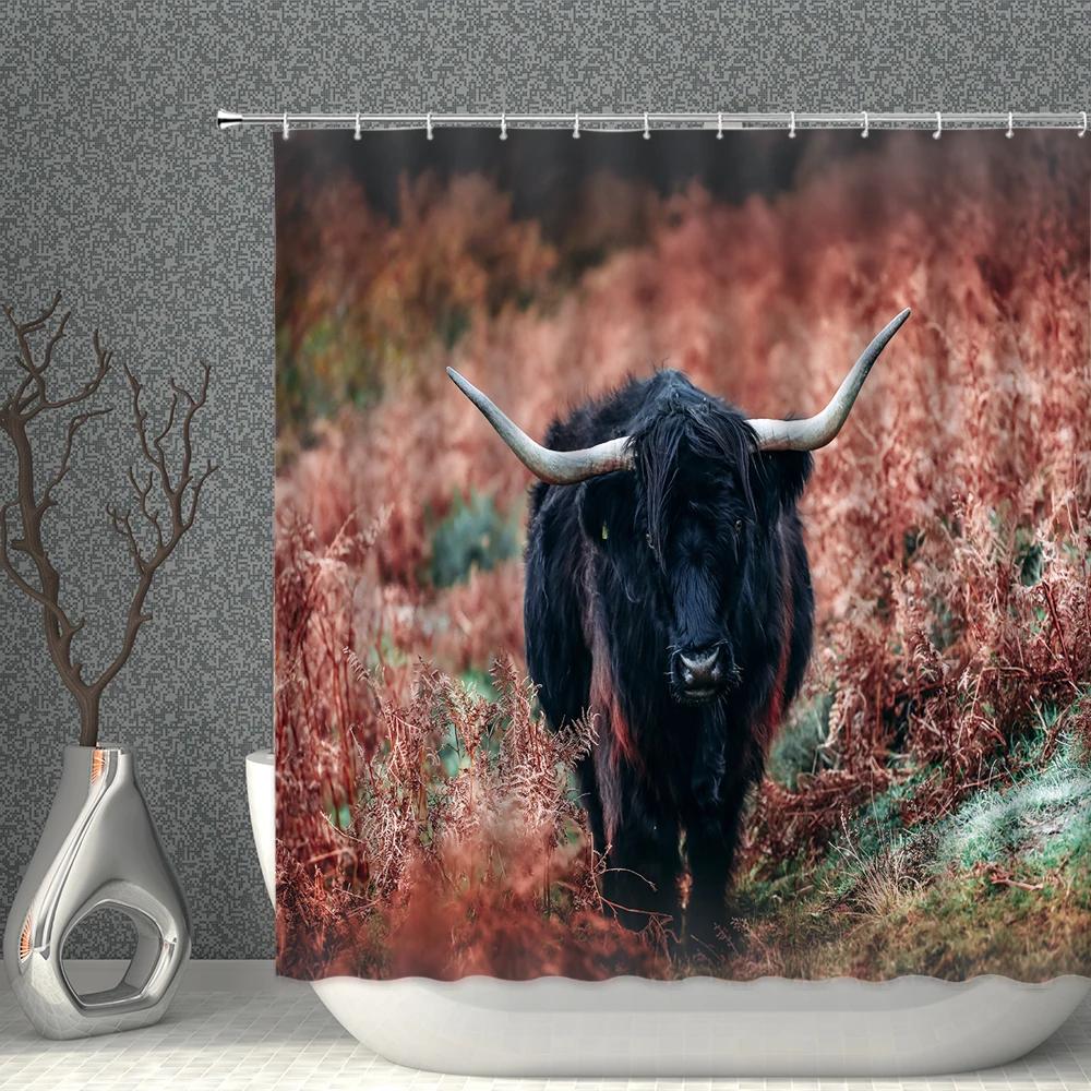 Animal Cow Shower Curtains Art 3D Printing Long Yak In The Grass Natural Scenery  Bath Curtain Polyester Cloth Bathroom Decor