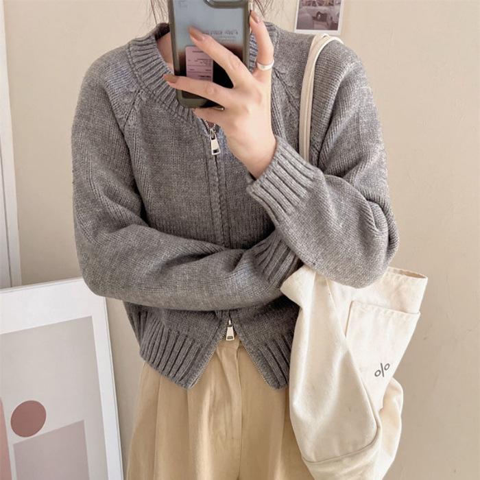 Avocado Green Double Zipper Knit Cardigan Sweater – Slimming, Versatile, Short Outerwear for Women