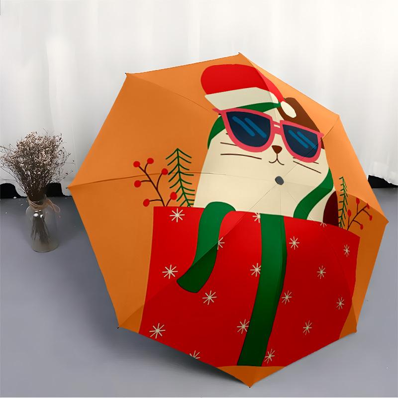 1pc Festive Cat Holiday Gift Box Automatic Open/Close Umbrella with One-Touch Button, Compact Folding Canopy, Sturdy 8-Rib Windproof Design S10