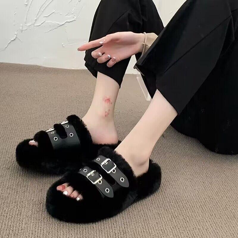 Fashion Fluffy Slippers Women Cute House Slippers Fluffy Slides Warm Slippers Healing Wool Slippers at Home Daily Thick-soled Plush Shoe