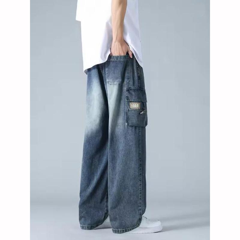 Sommer Herren Straight Jeans Weites Bein Denim Cargo Hose Leichte Baggy Hose