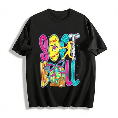 Vibrant Softball Graphic Tee Trendy Sporty Casual Top For Women Pure Cotton T-shirt