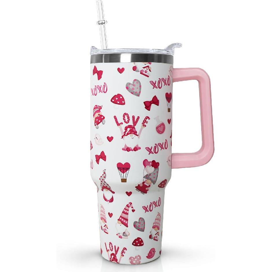 Ceovfoi Gnome love Tumbler with Handle,40 Oz Valentine Tumbler With Handle,Valentine s Day Gifts for Wife Girlfriend Bride,Valentine s Day Coffee