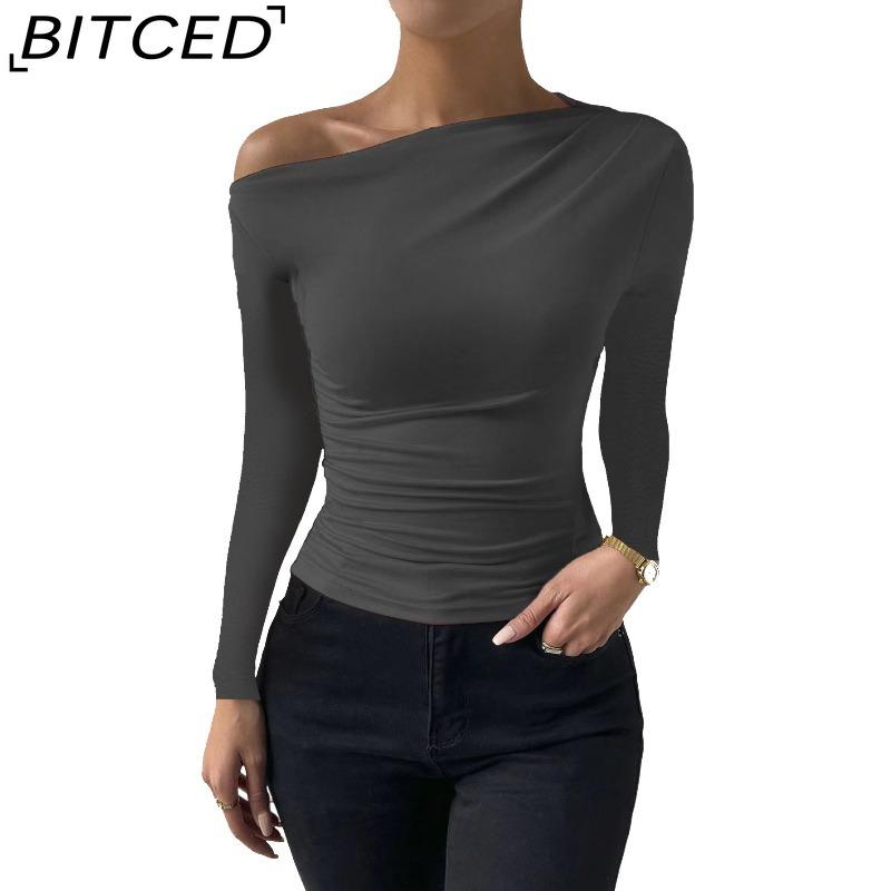 

BITCED Spring/Summer Women s Slim-Fit Pleated Asymmetric Long-Sleeved T-Shirt Top XXL сірий
