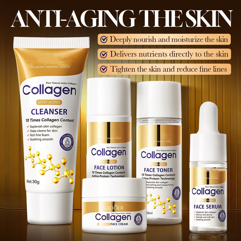 5-Piece Anti-Aging Travel Kit with 10X Collagen - Cleanser, Toner, Lotion, Serum & Cream for Wrinkles & Firmness
