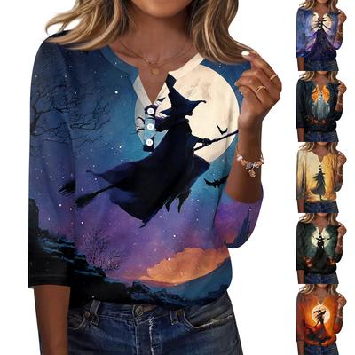 Haut T-shirt Décontracté pour Femme Imprimé Halloween Col en V Boutonné Manches Trois Quarts Tissu Léger Doux Coupe Confortable