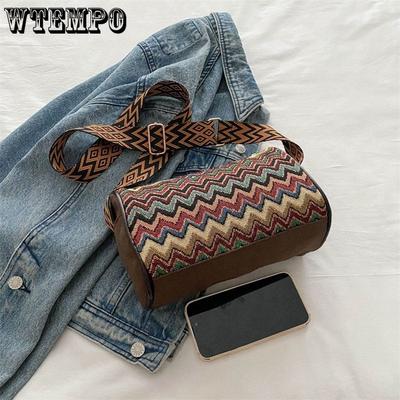 Bolsa transversal diagonal retrô feminina, bolsa de ombro único, bolsa cilíndrica, estilo étnico, bolsa transversal diagonal feminina