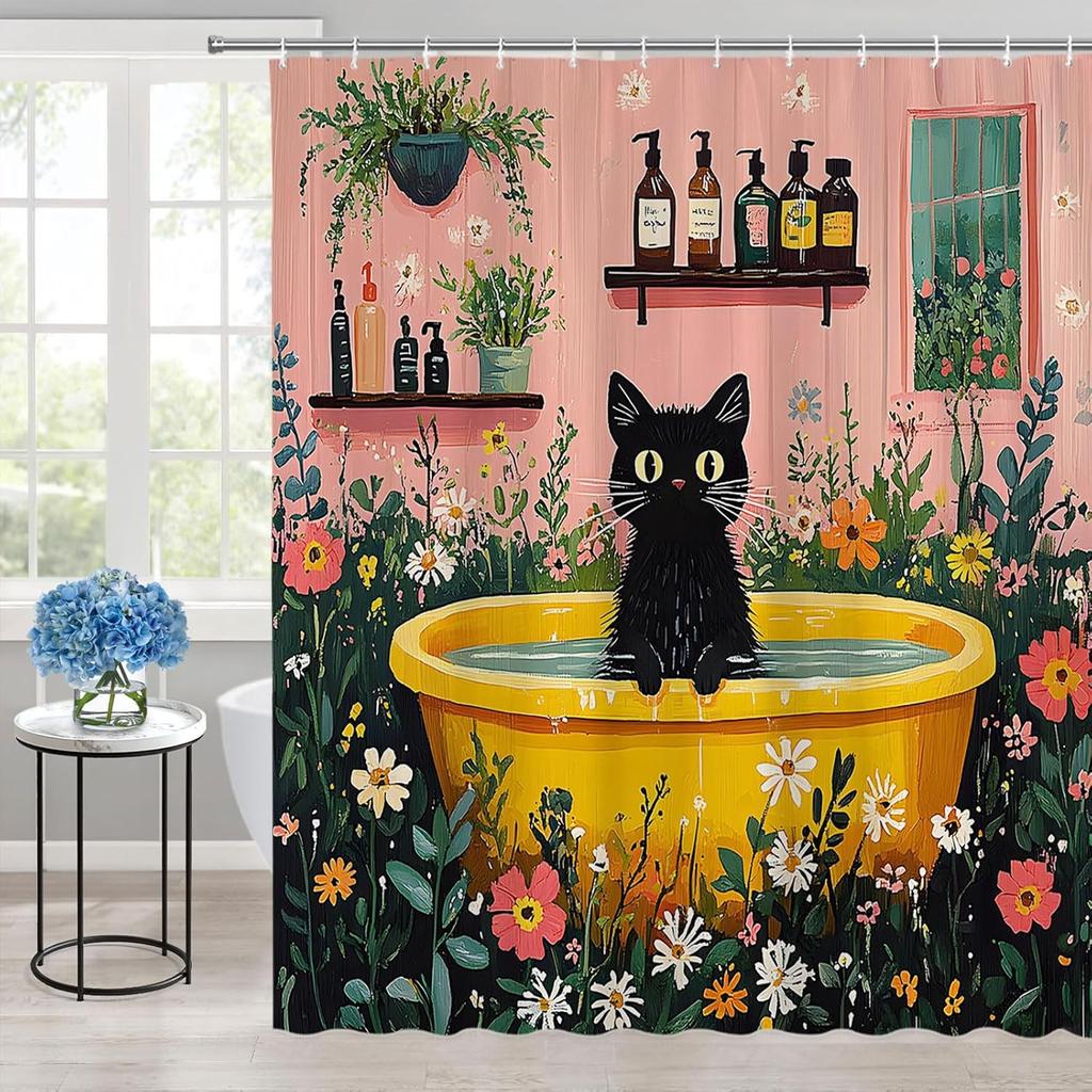 Czarny Kot w Żółtej Wannie Zasłona Prysznicowa Kwiatowy Ogród Śmieszny Kot Rodzina Zwierzę Domowe Uroczy Zwierzęcy Wzór Łazienka Poliestrowe Zasłony S