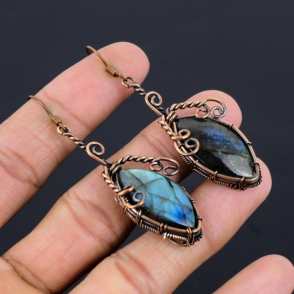 Labradorite 999 Copper Wire Wrapped Earrings, Handmade Gemstone Earrings Jewelry, Gifts For Wife Brand New Earrings