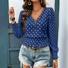 Loose V Neck Polka Dot Print Long Sleeve Casual Women T Shirt