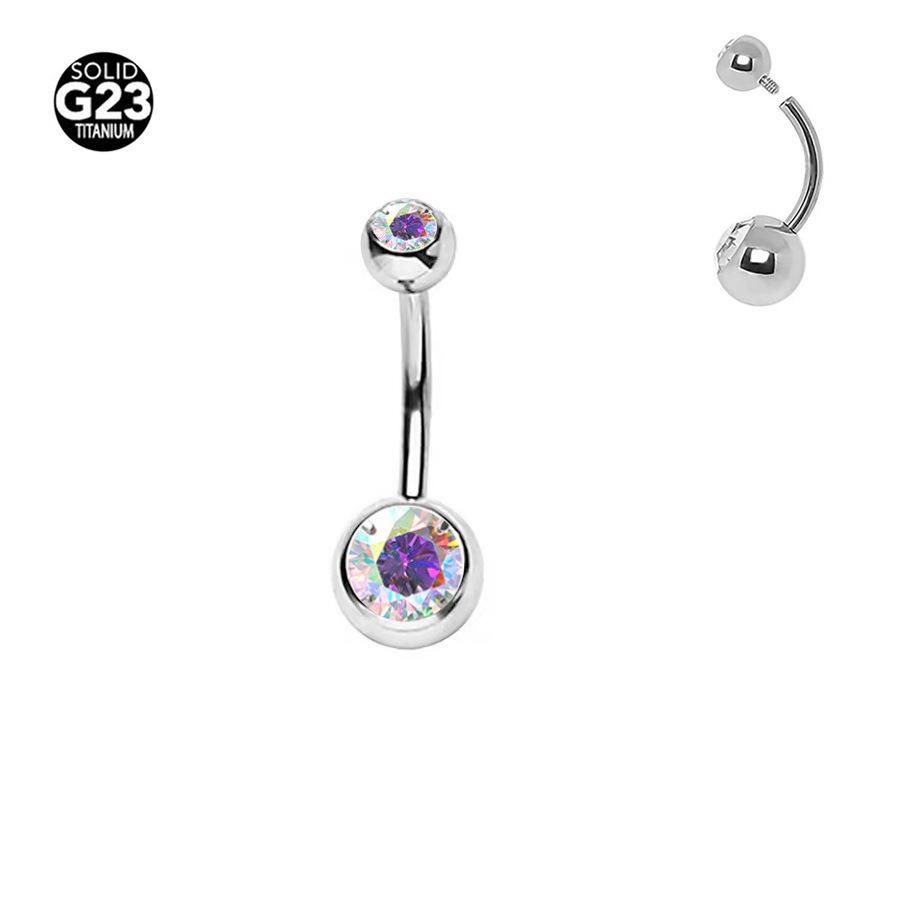 G23 Titanium Zircon Navel Ring: Internally Threaded F136 Alloy with Double Ball Diamond Design Piercing Jewelry.